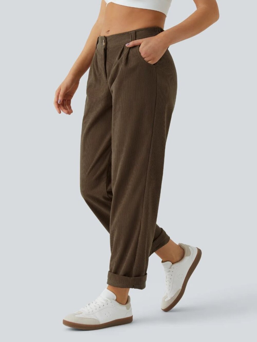 Halara XS Tall Mid Rise Zipper Pocket Corduroy Casual Pants Demitasse Brown